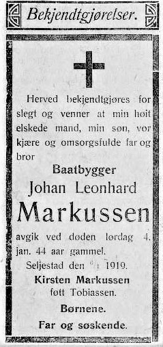 Dødsannonse for Johan Leonard Markussen i Folkeviljen 07.01. 1919.jpg