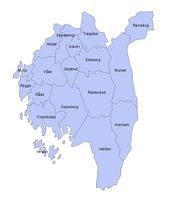 Kommuner i Østfold. Kartet viser status slik den var da Østfold ble en del av Viken, og flere kommuner ble sammenslått fra 1. januar 2020.