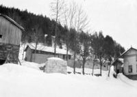 Øvre Haugane 1926. Husdyrroma vart fyrst tømra opp i tunet for så å tømrast opp att på plass. Fjøsmuren under bygging