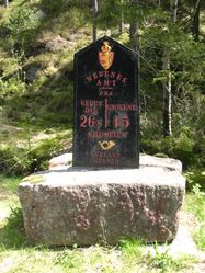 Milepel fra 1908 i Iveland herred. Foto: Siri Johannessen (2015).