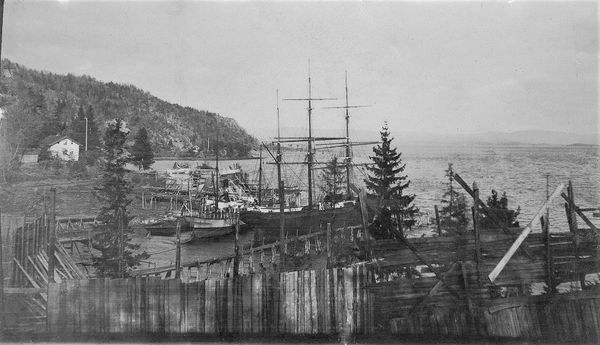 EN SEILSKUTE OG EN DAMPBÅT LASTER IS I 1890-1910. Den lange isbrygga (isrenna) fra Isstabel på Fladstranda er midt i bilde. Isstabel bak skutene ved vannkanten av Bryggebakken. Bilde tatt fra toppen av Isstabelen ved Mellomstranda.(Foto fra AS Søndre Nærsnes)