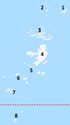 (1) Arværet, (2) Kangvadskjæran, (3) Sannaværet, (4) Sanna og Reinsøya, (5) bl.a. Svartskjæret, Spanna, Kvaløya og Hiøya, (6) bl.a. Haugøya, Selsholmen, Litlselsholmen og Fløttingen og (7) Froværet, Gjersholmen og Flatskjæret. Videre ser man (8) Brakvad, Merra og Søholmen, som hører til Trænas øygruppe