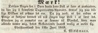 1848: Wischmann annonserer at han vil selge sitt ene kamera og at han snart drar fra Kristiansand mot Mandal. (Kristianssands Stiftsavis og Adresse-Contors Efterretninger 19/6 1848)