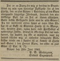 Sogneprest Peter Boyesen Wettergreen takker hjertelig for hjelpen og formidler befolkningens fortsatte behov. (Kilde: Aftenposten 3/7/1861)