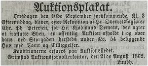 1862: auksjon hos Demant, som vil dra fra Grimstad.