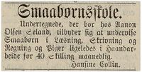 1872: Hansine Collin annonserer sin småbarnsskole.