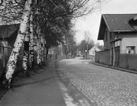 Grensestein nr. 63 og 64 kan ses på hver sin side av Maridalsveien (nær nr. 252) på dette bildet fra 1939. Foto: Fritz Holland/Oslo Museum