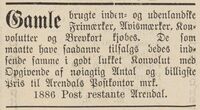 1886: Høsten 1886 finner vi det første spor av aktiv søking etter filatelistiske objekter i lokalavisene i Grimstad. (Kilde: Andvake 18/9/1886)
