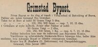P. Paulsen annonserer for nystartet bypost, Grimstad adressetidende 15/1 1887.