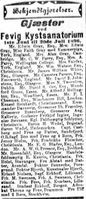 1896: Gjestene ved Fevig kystsanatorium annonseres i Aftenposten 24/7/1896.
