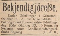 Melding om småfeutstilling og auksjon. (Kilde: Grimstad Adressetidende 22/9/1898)