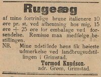 Tormod Knutsen selger rugeegg våren 1899, og forteller at de ble premiert på amtsutstillingen. (Kilde: Grimstad Adressetidende 20/4/1899)