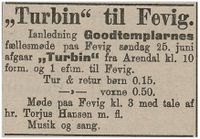 1905: Godtemplarmøte på Fevik. Torjus Hansen taler og D/S Turbin går fra Arendal til Fevik.