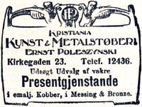 Faksimile fra Dagbladet 24. desember 1909: Annonse for Poleszynskis kunst- og metallstøperi i Kirkegaden 23 i Kristiania