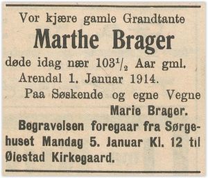 19140103 agderposten - dødsannonse Marthe Brager.jpg