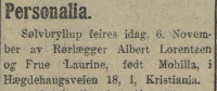 Kunngjøring av Laurine og Alberts sølvbryllupsdag i 1923. Morgenposten, 6.11.1923.