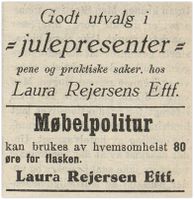 1926: I 1926 heter forretningen Laura Rejersens Eftf.