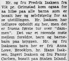 1939: Nordisk tidende skriver 8/6 1939 om Oslofjords amerikatur, og gir plass til omtale av Isaksenfamiliens besøk.