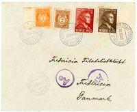 I 1942 arrangerte Grimstad filatelistklubb frimerkeutstilling. Her er konvolutten blant annet frankert med frimerker med Johan Herman Wessel og sendt til en frimerkeklubb i Danmark. (Fra egen samling Jarl V. Erichsen)