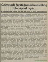 Lokalavisa skildrer åpningen av frimerkeutstillingen i Grimstad 30/10 1942. (Kilde: Grimstad adressetidende 31/10/1942)