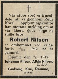 Familien melder Robert Nilsens dødsfall i lokalavisa, midt under krigen. (Grimstad adressetidende 21/11 1942)