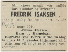 Fredrik Isaksen dør i 1944 (Grimstad adressetidende 11/3 1944)