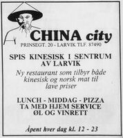 Ny kinarestaurant åpnet i Larvik. Annonse i Østlands-Posten 2. januar 1989.