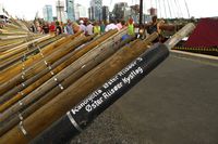 Kystlaget Øster Riisøer sitt bidrag til installasjonen «200 årer til Oslo» under Forbundet KYSTENs landsstevne 2014. Foto: Heidi Thöni Sletten