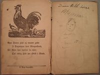 Hanedikt. Dette hanediktet finner vi igjen i mange norske lesebøker og ABC'er. For eksempel i P. A. Jensens "Læsebog for Folkeskolen og Folkehjemmet. [1] : Første Skoletrin" fra 1868. Og haneillustrasjonen blir ikonisk brukt på lesebøker og ABCer gjennom flere hundreår.