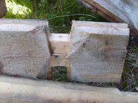 Flatskåret halvkløyving med knutenov. Fra et nedrevet hus stabla ved saga i Sagvika på Stabblandet. Foto: Olve Utne (2008).