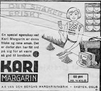 Annonse for Kari Margarin fra A/S Van den Berghs margarinfabrik i Oslo i Nord-Trøndelag og Nordenfjeldsk Tidende 14.3.1933.