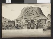 Teikning av Ålesund datert 1843, av Andreas Wulfsberg Grøtting.