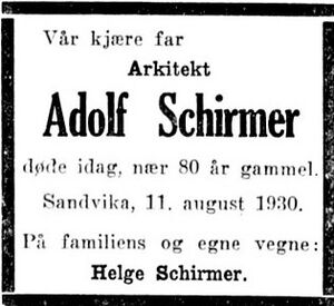 Adolf Schirmer dødsannonse Aftenposten 1930.JPG