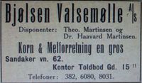 Annonse for Bjølsen Valsemølle i adresseboka for Kristiania, 1913.