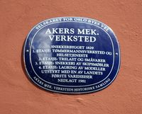 Bryggegata, Aker brygge: Snekkerbygg ved Akers mekaniske verksted.