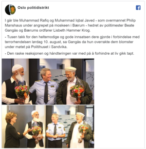 Al-Noor Islamic Centre, ANIC Oslo Politiets takk til heltene Facebook-innlegg.png