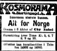 Annonse for filmen Alt for Norge på Kosmorama. Fra Aftenposten 21. januar 1912.