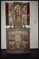 Alterskåp med Madonna frå Brekke kyrkje, ca 1480. No i Bergen museum. Foto: Anna-Margrete Olden (1975)