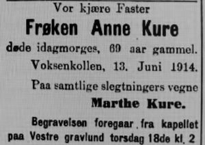 Anne Kure dødsannonse Aftenposten 1914.JPG