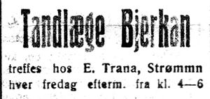 Annonse 2 fra tannlege Bjerkan i Inntrøndelagen 20.1. 1926.jpg