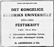 Annonse for festskift i to bind ifm. 100-årsjubileet i 1911. Foto: Faksimile fra Aftenposten 2. september 1911.