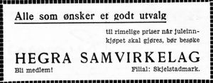 Annonse for Hegra Samvirkelag i Arbeideravisen 1938.jpg