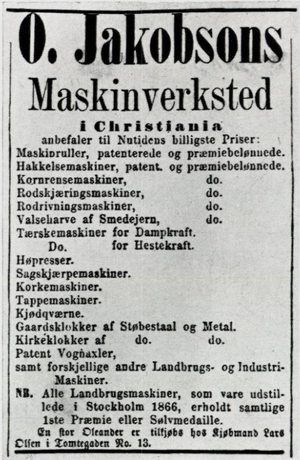 Annonse for O. Jakobsons Maskinverksted i Morgenbladet 1866.png