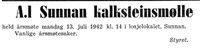 243. Annonse fra A.L. Sunnan kalksteinsmølle i Nord-Trøndelag og Inntrøndelagen 4.7. 1942.jpg