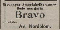 Baker og konditor Edvin Nordblom reklamerte for Bravo margarin i Rjukan (avis) 1. desember 1913.