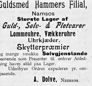 Annonse fra A. Dolve i Namdalens Folkeblad 1901.jpg