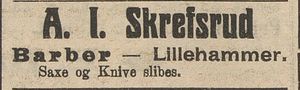 Annonse fra A. I. Skrefsrud i Gudbrandsdølen 22.04.1909.jpg