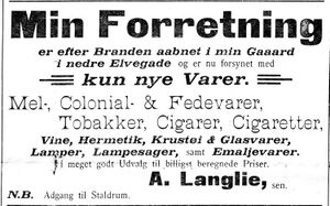 Annonse fra A. Langlie i Indtrøndelagen 31.8. 1900.jpg
