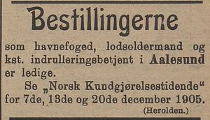 Annonse fra Aalesund kommune i Kysten 7.12. 1905.jpg