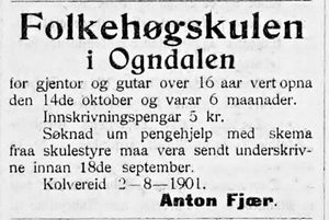 Annonse fra Anton Fjær om folkehøgskole i Ogndal i avisa Namdalens Folkeblad 1901.jpg